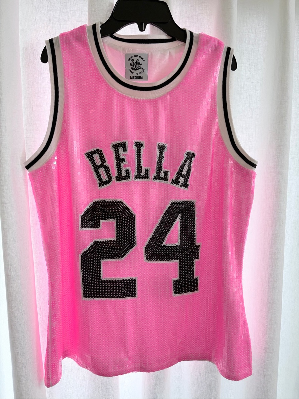 Bella Dona Pink Sequin Mesh “Bella” Jersey with Black Trim
